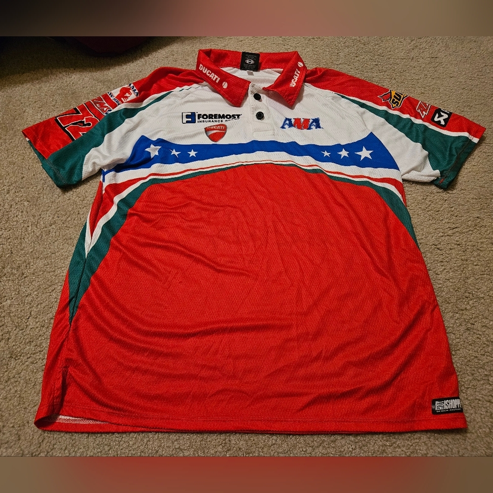 Hot Shoppe Designs Polo ShirtRacing Size L Pegram Racing Red White Blue Ducati. 